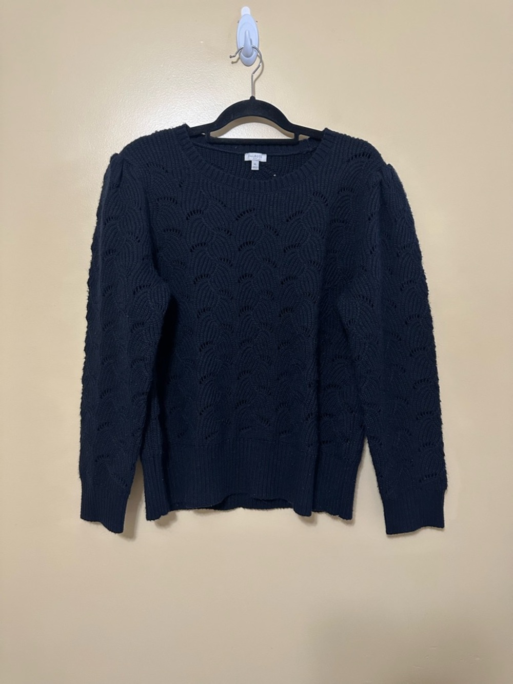 Talbots Puff Sleeve Open Knit Textured Crewneck Sweater Women XL Black